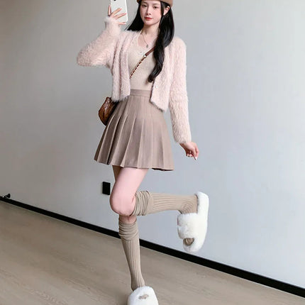 Autumn Winter Woolen Pleated Skirts Women New Korean High Waist Slimming Mini Skirt Ladies Preppy Style Side Zipper A-Line Skirt PlatiNum