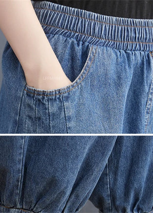 Jeans Vintage tinta unita da donna moda estiva pantaloni larghi in Denim elasticizzato in vita femminile pantaloni Harem alla caviglia stile giapponese
