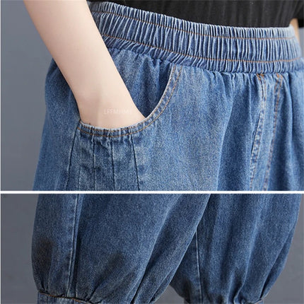 Jeans Vintage tinta unita da donna moda estiva pantaloni larghi in Denim elasticizzato in vita femminile pantaloni Harem alla caviglia stile giapponese