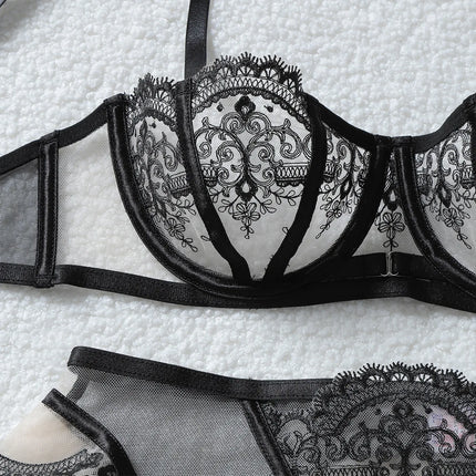 Tornova Erotic Underwear Fashionable See-through Veil with Floral Embroidery Slim-fitting Sexy Hot Underwear Split Five-pieceset