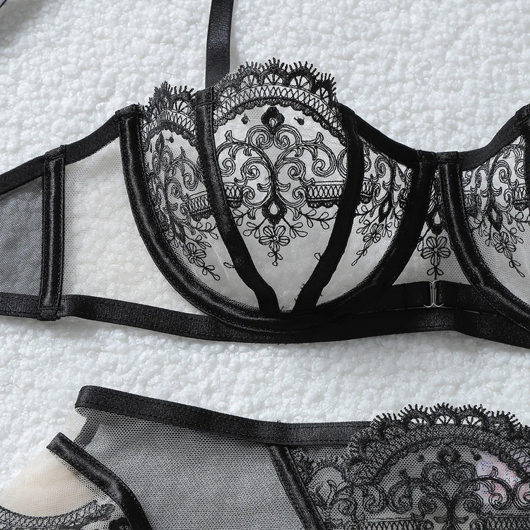 Tornova Erotic Underwear Fashionable See-through Veil with Floral Embroidery Slim-fitting Sexy Hot Underwear Split Five-pieceset