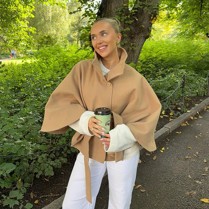 Faux Fur Cloak Jackets Women Loose Standneck Three Button Wide Sleeves Belt Coats Female 2026 Autumn Solid Chic Fashion Outwears