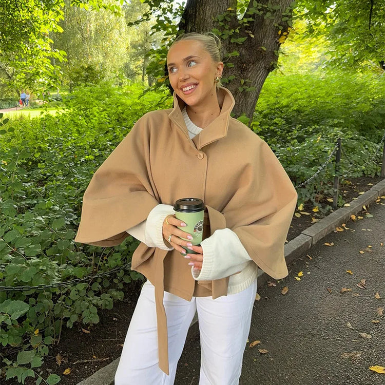 Faux Fur Cloak Jackets Women Loose Standneck Three Button Wide Sleeves Belt Coats Female 2026 Autumn Solid Chic Fashion Outwears
