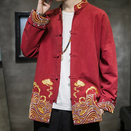 Camicie da uomo ricamate 2026 primavera stile cinese retrò colletto alla coreana giacca in cotone e lino cardigan da uomo Kungfu allentato casual Top