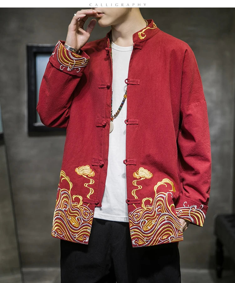 Camicie da uomo ricamate 2026 primavera stile cinese retrò colletto alla coreana giacca in cotone e lino cardigan da uomo Kungfu allentato casual Top