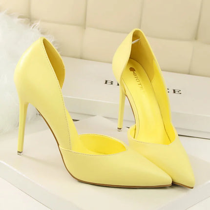 Donne di estate 10.5 centimetri Tacchi Alti Pompe di Pelle Femminile Escarpins Elegante Dolce Giallo Rosa Stiletto Della Signora Tacchi Da Sposa Scarpe Cave