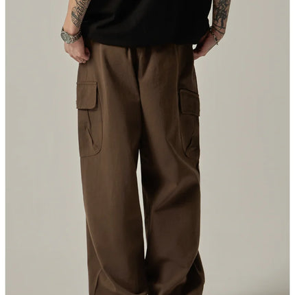 Men's Sweatpants 2025 Spring Autumn Vintage Japanese Wide Leg Straight Loose Button Big Pockets Cargo Pants Drawstring Trousers