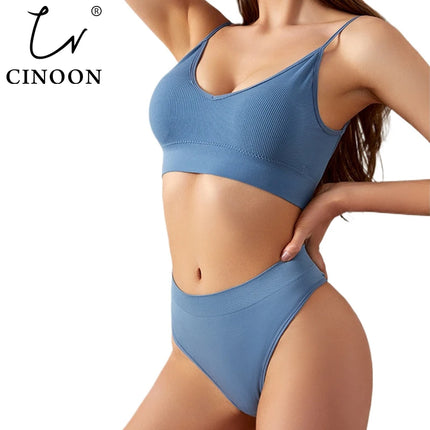 CINOON Women Seamless Ribbed Bra Set Wireless Deep V Bralette Top Panties Two Piece Lingerie Set Sport Fitness Underwear