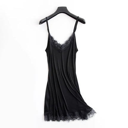 Abbigliamento primavera/autunno da donna 23% seta di gelso naturale allentato scollo a V pizzo slip camicia da notte tinta unita sexy abito base lavorato a maglia