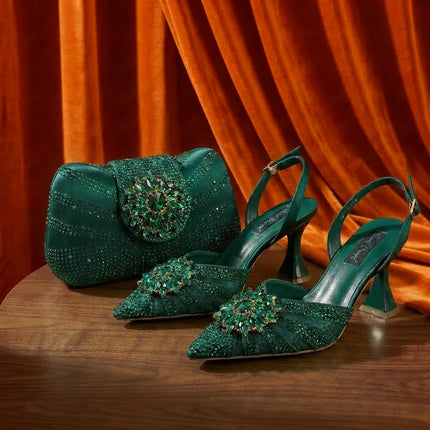 Zapatos y Bolso Nuevos de Diseño Italiano Azules con Diamantes de Imitación, Tacón Alto, Estilo de Moda, Zapatos de Tacón para Máxima Comodidad, Zapatos de Mujer