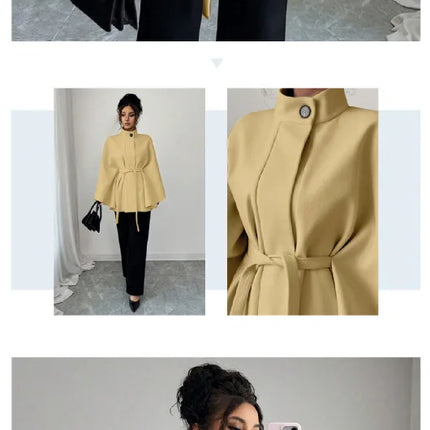 Wool Coat Women Autumn Winter Woolen Jacket Batwing Sleeve Button Lace Up Blends Turtleneck Overcoat Office Lady Outerwear