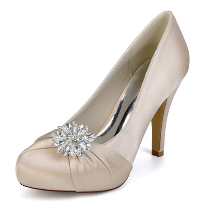 Primavera Boca de pescado Punta redonda Diamantes de imitación de seda Zapatos de boda impermeables de tacón alto para mesa Sandalias de mujer de talla grande para vestido de banquete