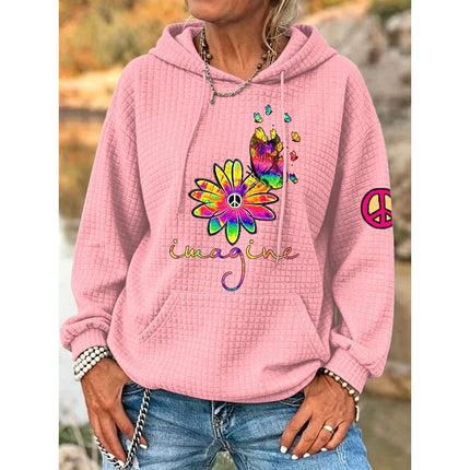 ilstile Women's Hippie Flower Print Hoodies Autumn Outdoor Sports Long Sleeve Casual Loose Round Neck Hooded Hoodies Hot Sale