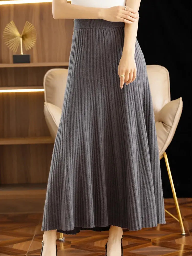 Elegant Women's Pleated Skirt 100% Merino Wool Skirt A-Line Long Skirt Soft Warm Autumn Winter Dress Slim Elastic Waist Office PlatiNum