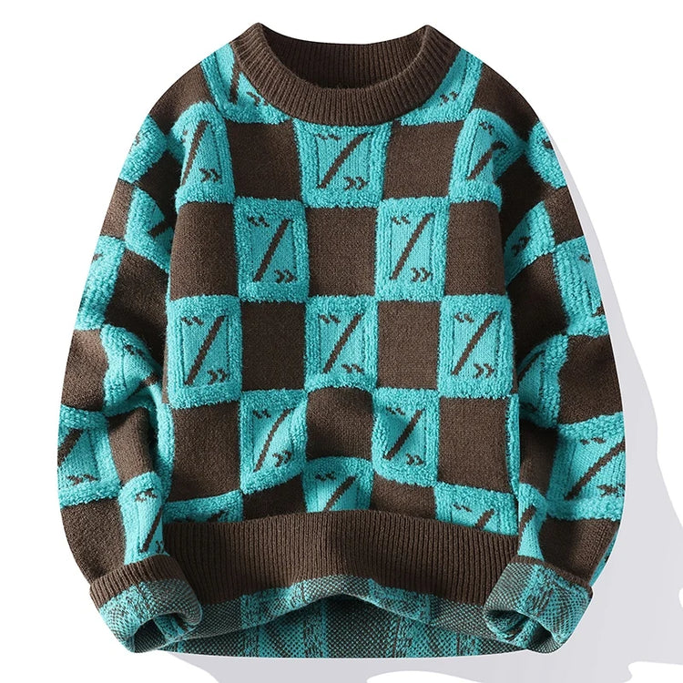 New Men's Fashion Round Neck Print Sweater Autumn Winter Contrast Color Printed Letter Long Sleeve Loose Casual Knitted Tops