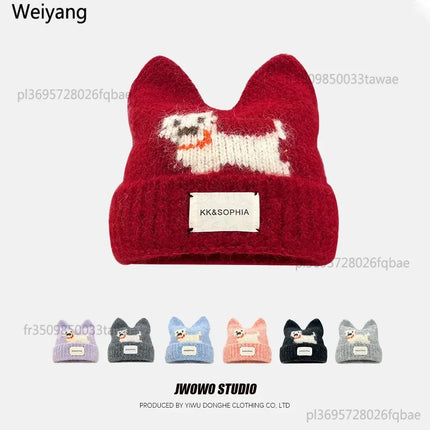 Cute Cartoon Kitten Ear Woolen Cap for Women Warm Cold-proof Autumn Winter Puppy Pattern Knitted Hat Fashion Sweet Crochet hats
