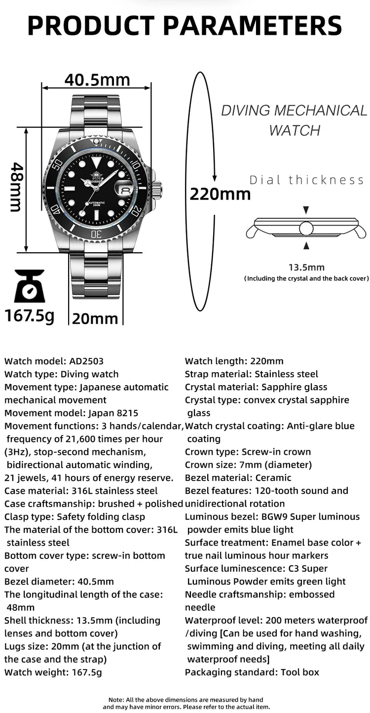 ADDIESDIVE AD2503 Luxury Men's Automatic Watch 8215 Mechanical Watch BGW9 Luminous Sapphire Glass Diver's Watch Men Analog Watch