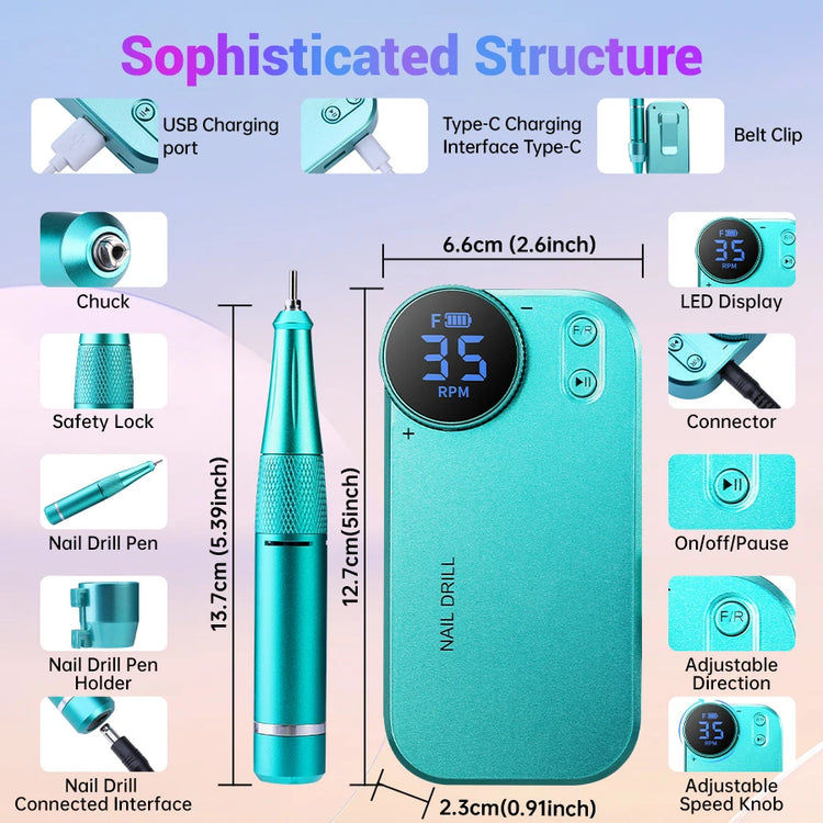 Professional 35000 RPM Electric Nail Drill Portable Rechargeable Nail File Machine for Salon Home DIY Nail Art Great Gift for La