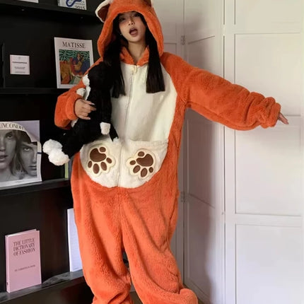 Girls Cartoon Bunny Kigurumi Onesie Pajamas Winter Thick Plush Fleece Hooded Jumpsuit Sleepwear Cute Bow Homewear Loungewear