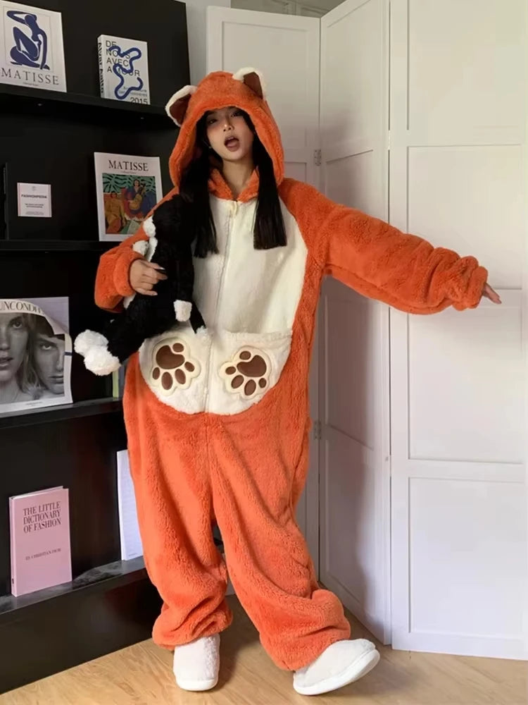 Girls Cartoon Bunny Kigurumi Onesie Pajamas Winter Thick Plush Fleece Hooded Jumpsuit Sleepwear Cute Bow Homewear Loungewear