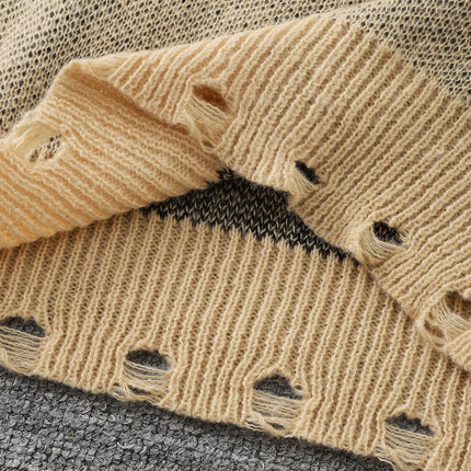 Trendy Street Style Ripped Cross Pattern Pullover Ripped Sweater Casual Crew Neck Knit Men's Pullover