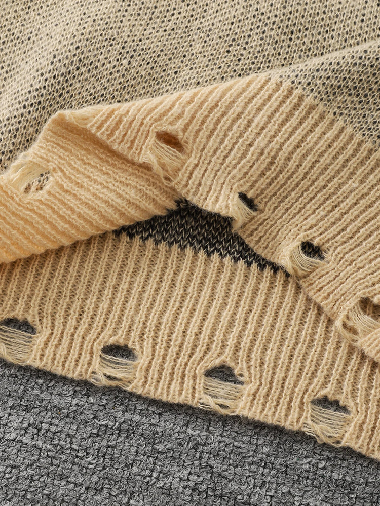 Trendy Street Style Ripped Cross Pattern Pullover Ripped Sweater Casual Crew Neck Knit Men's Pullover