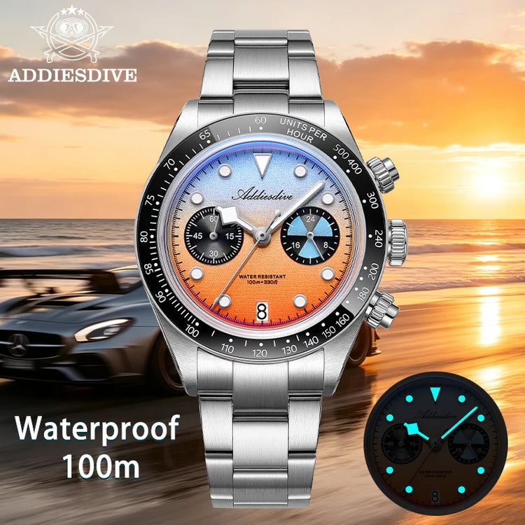 ADDIESDIVE 40mm Quartz Men's Watch AD2559 316L Stainless Steel 100M Water Resistant BGW9 Super Luminous Chronograph