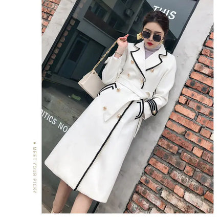 Women White Long Woolen Coat Autumn Winter British Hepburn Style Thicken Slim Double-Breasted Woolen Coat New Women Outwear