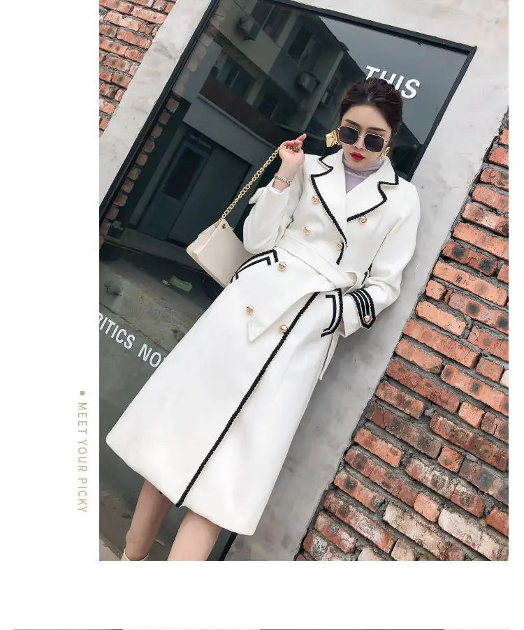 Women White Long Woolen Coat Autumn Winter British Hepburn Style Thicken Slim Double-Breasted Woolen Coat New Women Outwear
