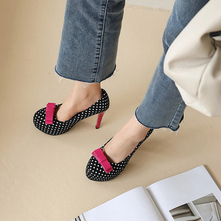 Sexy Super High Heels Women Platform Pumps Polka dot Bow Party Dress Shoes Woman Elegant Wedding Shoes Female 12cm Stilettos PlatiNum
