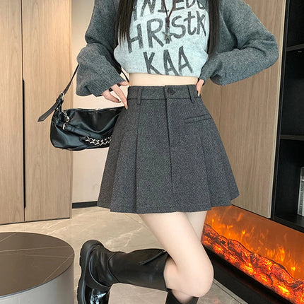 Gidyq Women Wool Mini Skirt Casual Korean Female High Waist Pleated Skirt Harajuku Fashion Streetwear Thick A Line Skirts New PlatiNum