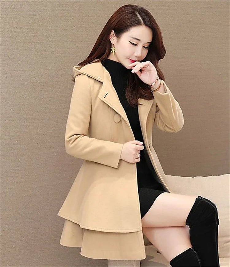 2023 New Winter Women's Woolen Blend Coat A-Line Double-Breasted Jackets Female Fur Collar Office Lady Wool Outwear