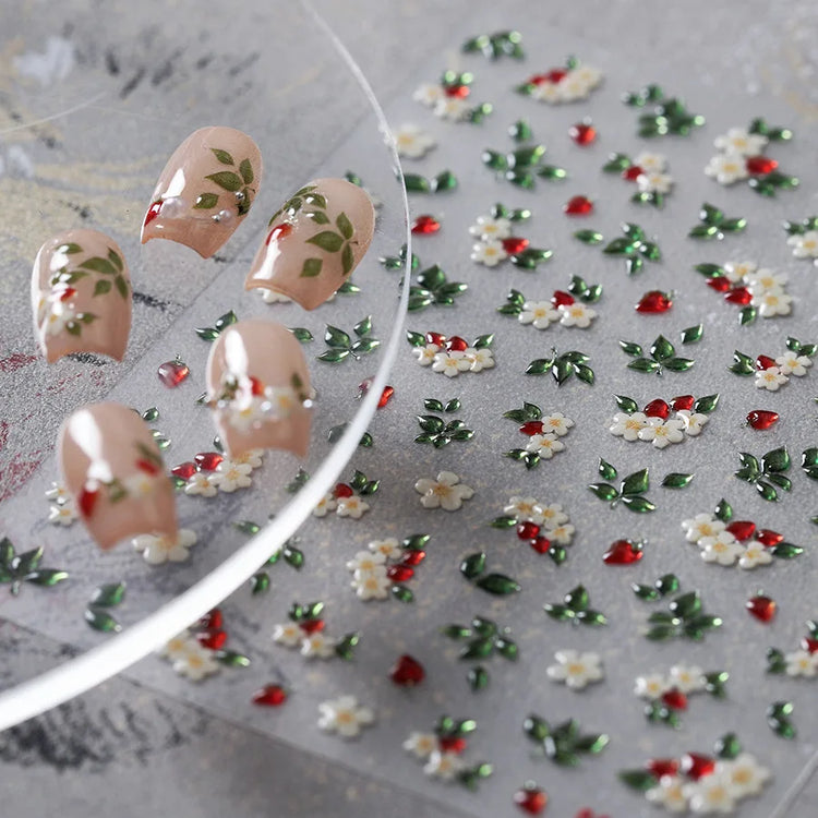 1Pcs 5D Jelly White Lily Red Strawberry Nail Art Sticker Peony Rose Camellia Embossed Nails Decals Delicate Nail Art Decorations