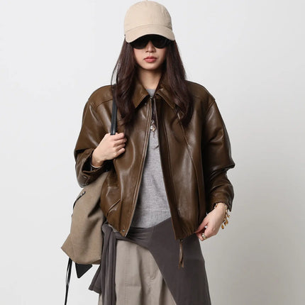 Soft Sheepskin Genuine Leather Cropped Jacket Women Lapel Zip Up Snap Button Side Pockets Casual Autumn Real Leather Outerwear