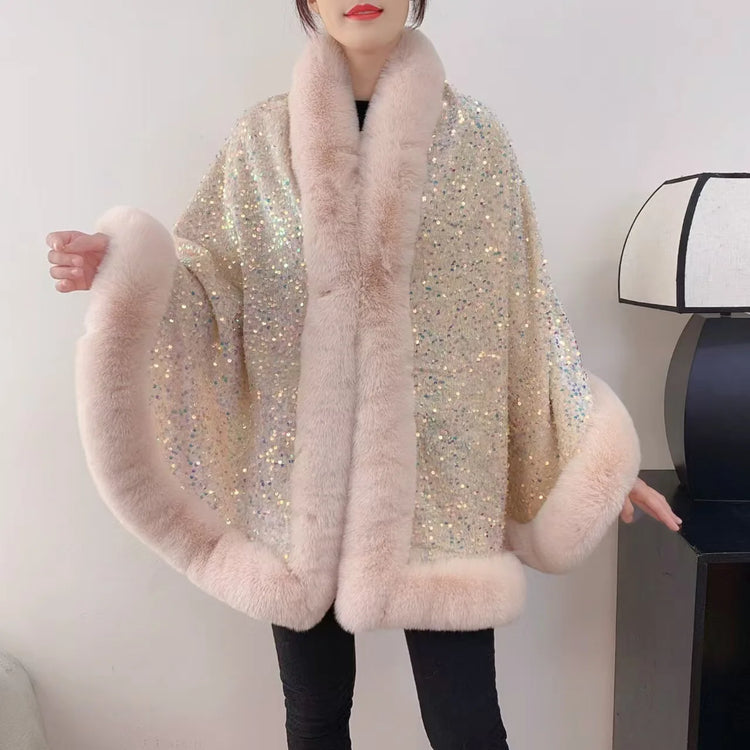 ZADORIN Fashion Sequins Long Furry Warm Faux Fur Coat Woman Autumn Winter Fur Cape Ponch Wedding Party Fur Shawl Cloak Cardigans