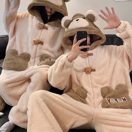 DAIMELU bear cartoon sleepwear long sleeved pajamas men winter thickened warm coral fleece flannel one-piece male loungewear set