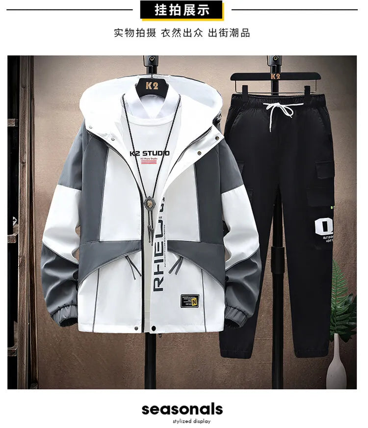 Men's Sets Sportswear Suit Hooded Colorblock Casual patchwork Hooded Jacket + Pants Suit Men's 2-piece Jogger Sweatshirt