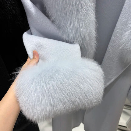 YOLOAgain Women's 100% Wool Coat Long With Detachable Real Fox Fur Collar 2025 Autumn Elegant Double-Sided Wool Coat