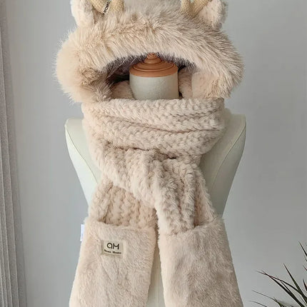 Fashion Elk Antlers Plush Hat Scarf Gloves Women's Winter Ear Protector Thickened Lei Feng Hat Cycling Ski Cap Wind Proof