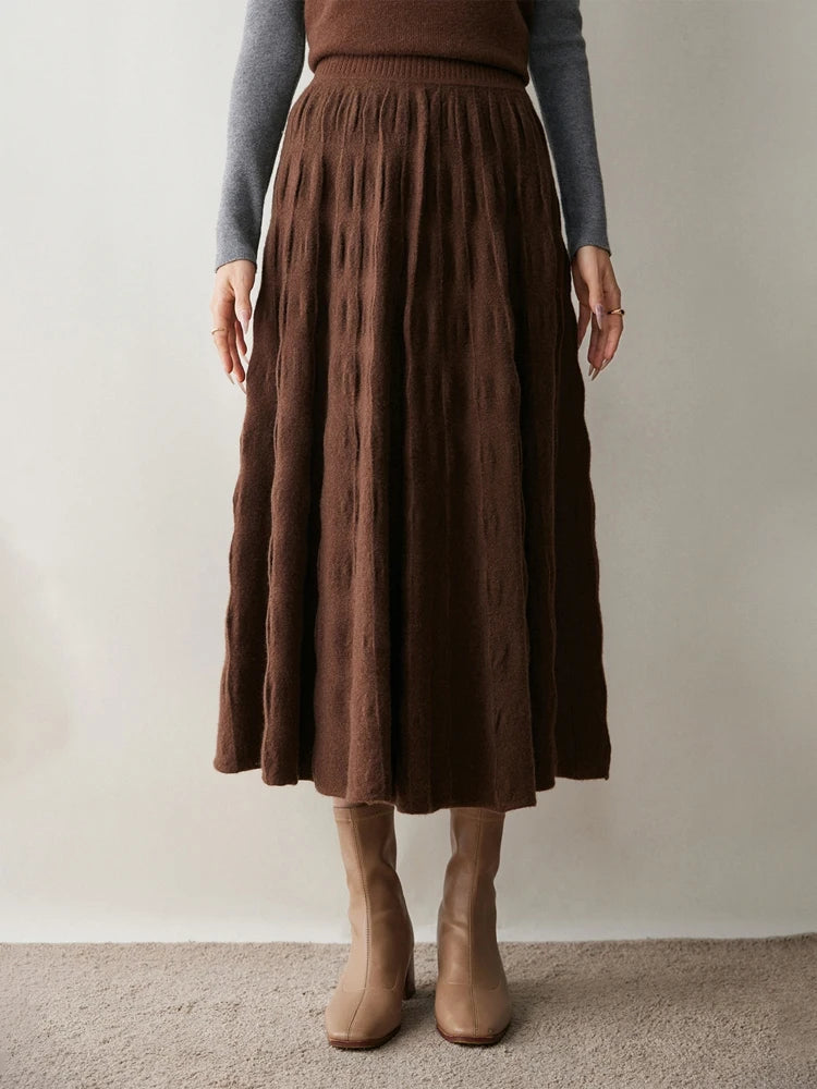Women Cashmere Skirt A-Line Jacquard Elastic Waist Flared Skirt Autumn Winter 100% Cashmere Knitted Office Lady Curled Hem Dress PlatiNum