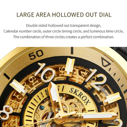 SKROX Original Gold Skeleton Automatic Movement Men's Watch Mechanical Waterproof Male Wrist Watches Leather Strap Luxury Clock