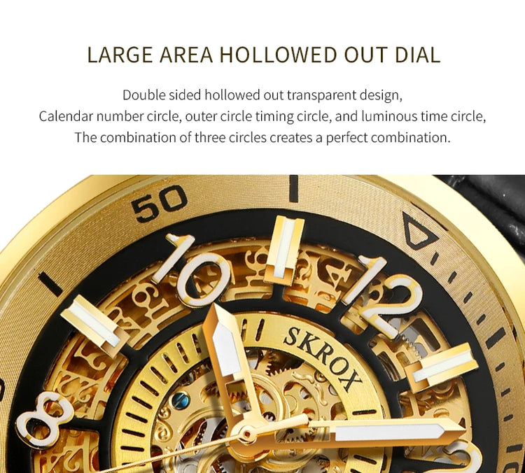 SKROX Original Gold Skeleton Automatic Movement Men's Watch Mechanical Waterproof Male Wrist Watches Leather Strap Luxury Clock