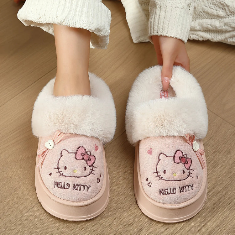 Women's Cute Cartoon Cat Plush Slippers Winter Warm Indoor Non-Slip Bow Embroidered Closed Toe Soft Fluffy House Shoes for Ladie