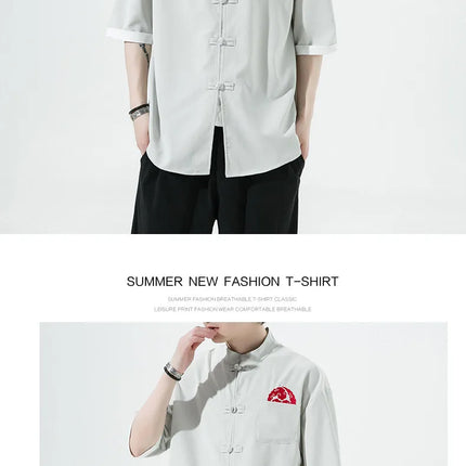 Camicie Retrò da Uomo Ricamate Stile Kung Fu Tai Chi, Camicie Casual a Maniche Corte, Stile Cinese in Lino Traspirante e Cotone per Uomo