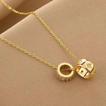 Non Tarnish Luxurious Fashion Crystal Rhombus Necklace with Ring Pendant Gold Color Jewelry for Women PlatiNum
