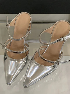 Liyke New Fashion Transparent Wedge Slippers Women Pumps Patent Leather Pointed Toe Buckle Strap Designer High Heels Mules Shoes