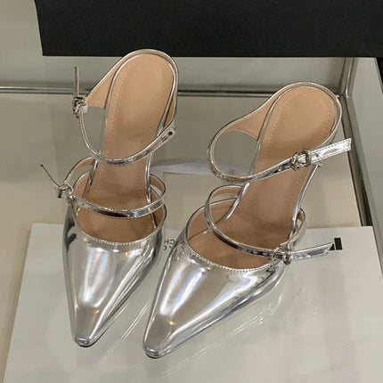 Liyke New Fashion Transparent Wedge Slippers Women Pumps Patent Leather Pointed Toe Buckle Strap Designer High Heels Mules Shoes PlatiNum