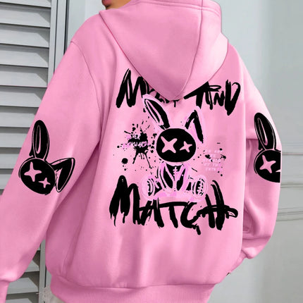 Mix And Match Cartoon Rabbit Prints Women Hoodie Pocket Streetwear Harajuku Loose Hoody All-Match Fleece Female Clothing