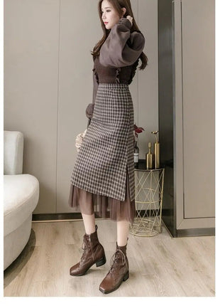 Woolen plaid skirt autumn and winter 2025 new plaid foreign style small man a word hip wrap medium and long skirt PlatiNum