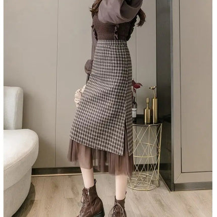 Woolen plaid skirt autumn and winter 2025 new plaid foreign style small man a word hip wrap medium and long skirt PlatiNum